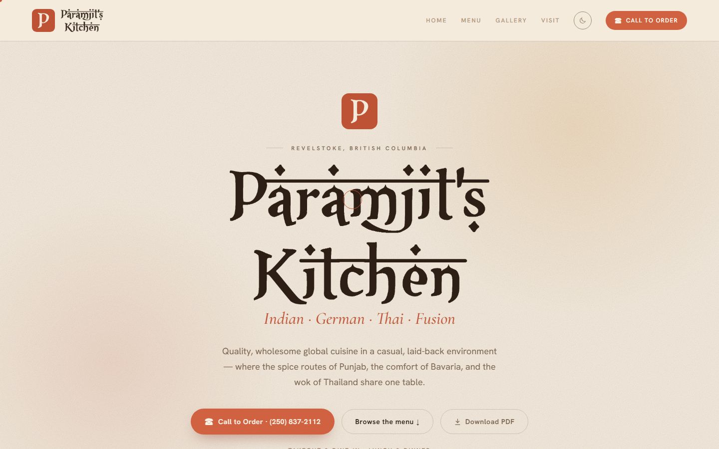 pamskitchen.ca menu page with menu sections and dishes.